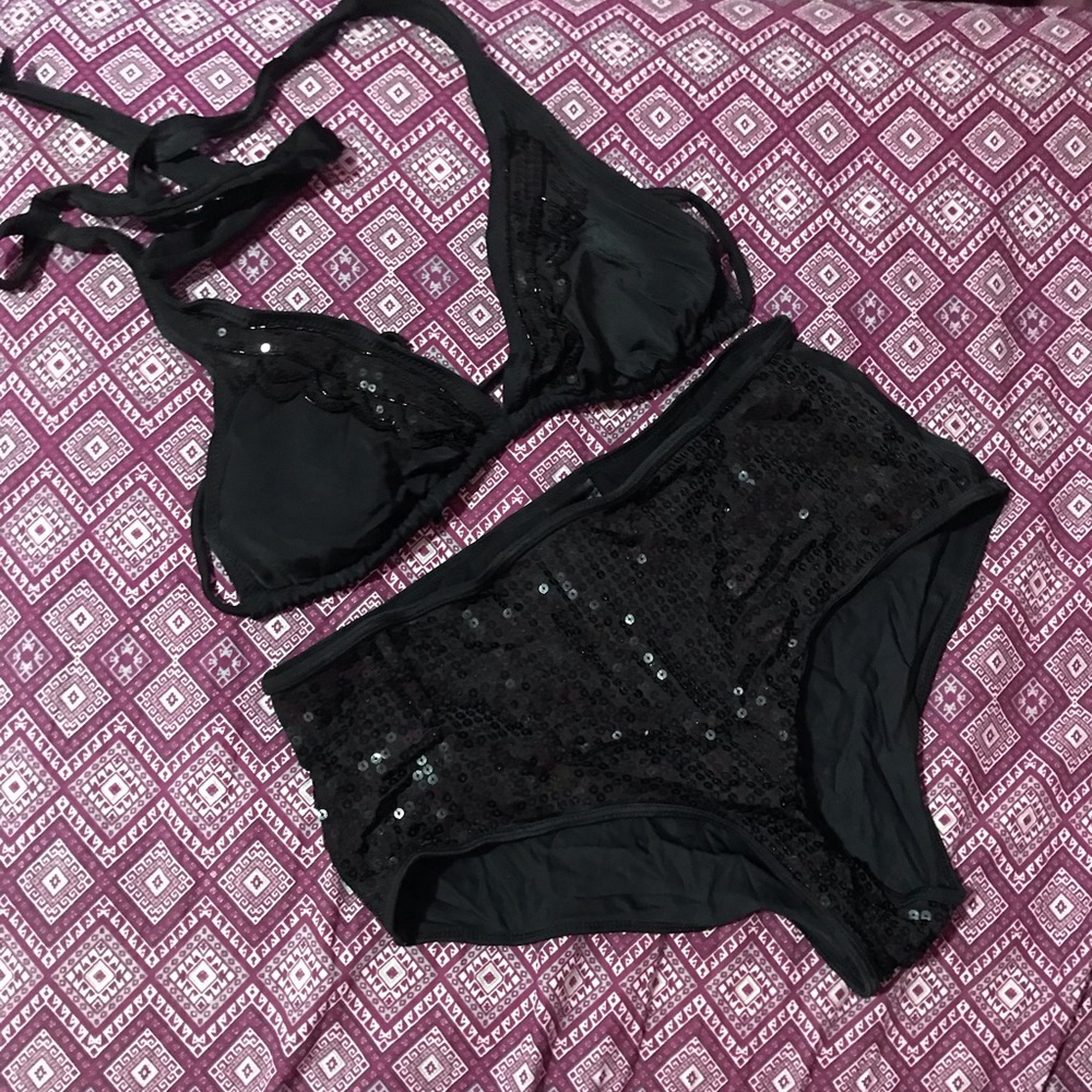 Black Sequin and Beaded Two Piece Swimsuit